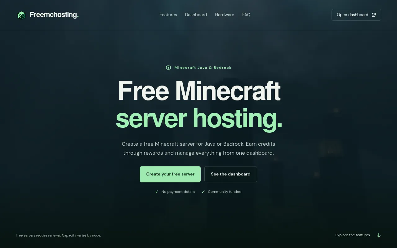 Screenshot of freemchosting.com