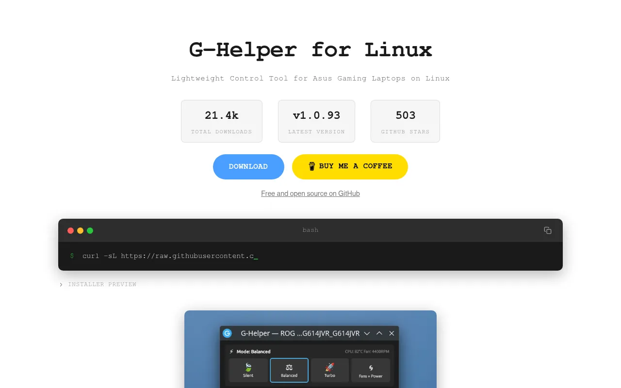 Screenshot of g-helper-linux.elevatech.xyz