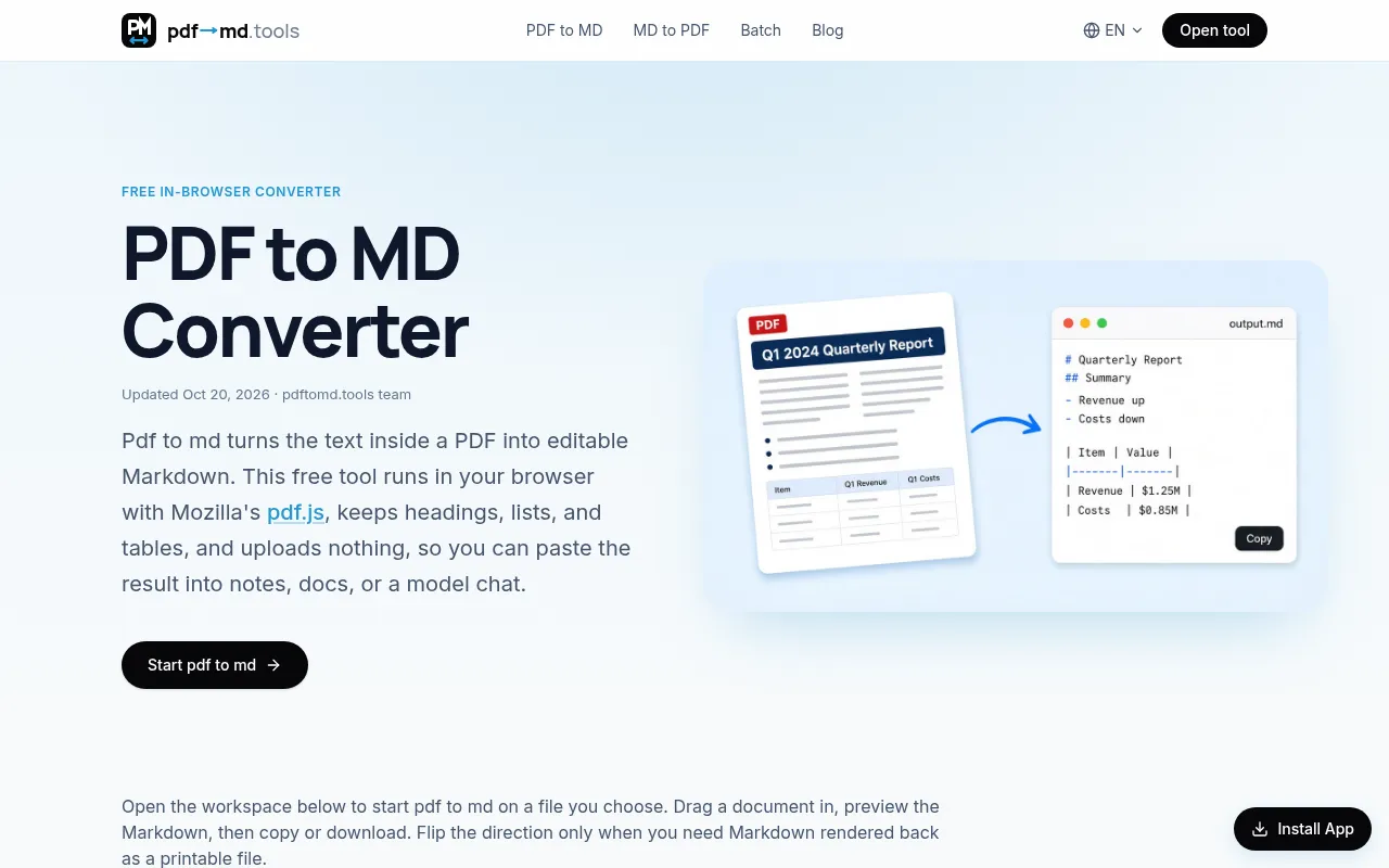 Screenshot of pdftomd.tools
