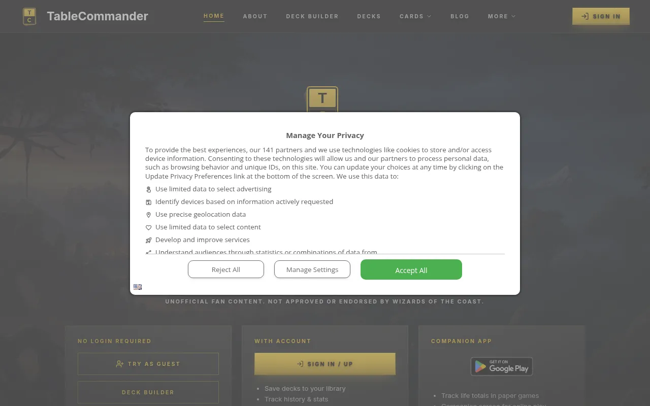 Screenshot of tablecommander.com