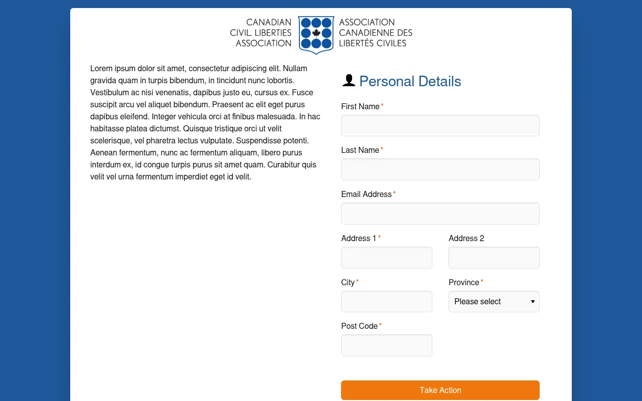 Screenshot of action.ccla.org