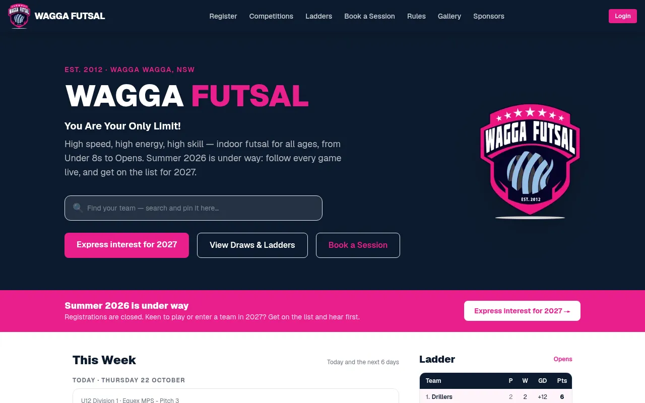 Screenshot of waggafutsal.com.au