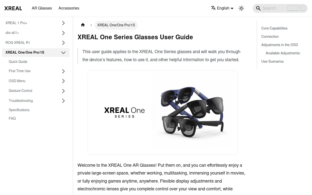 Screenshot of tutorials.xreal.com