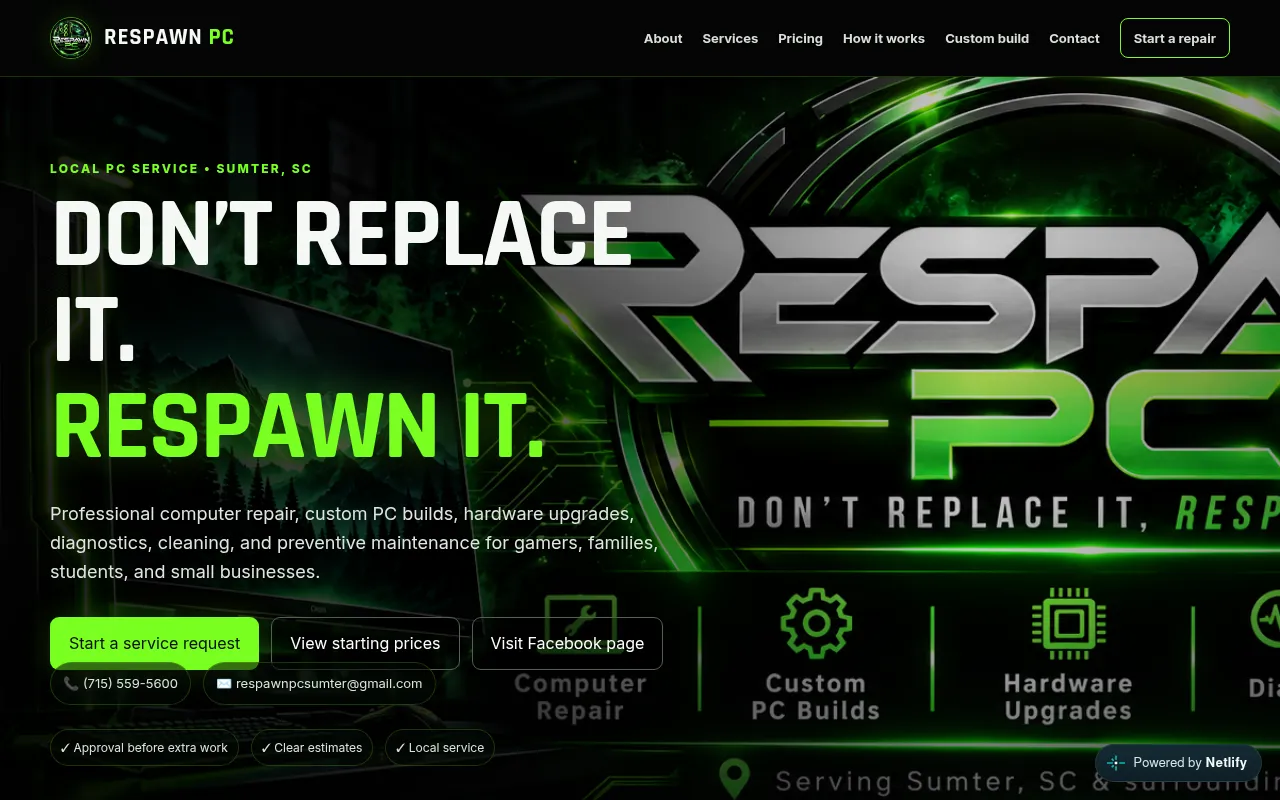 Screenshot of respawnpcsumter.com