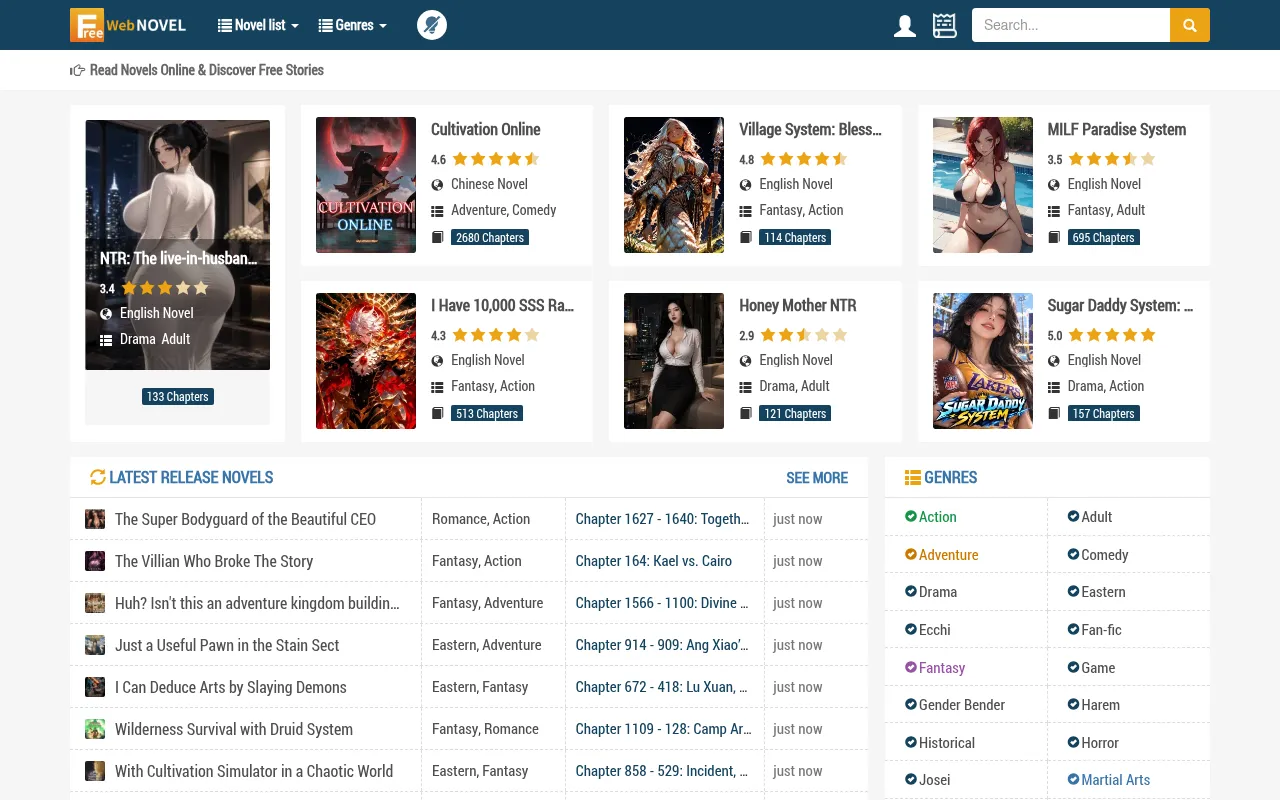 Screenshot of freewebnovel.com