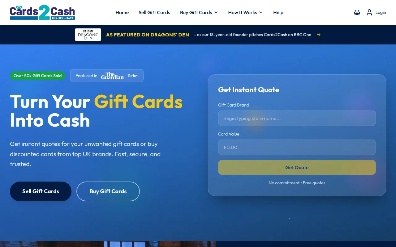 Screenshot of cards2cash.co.uk