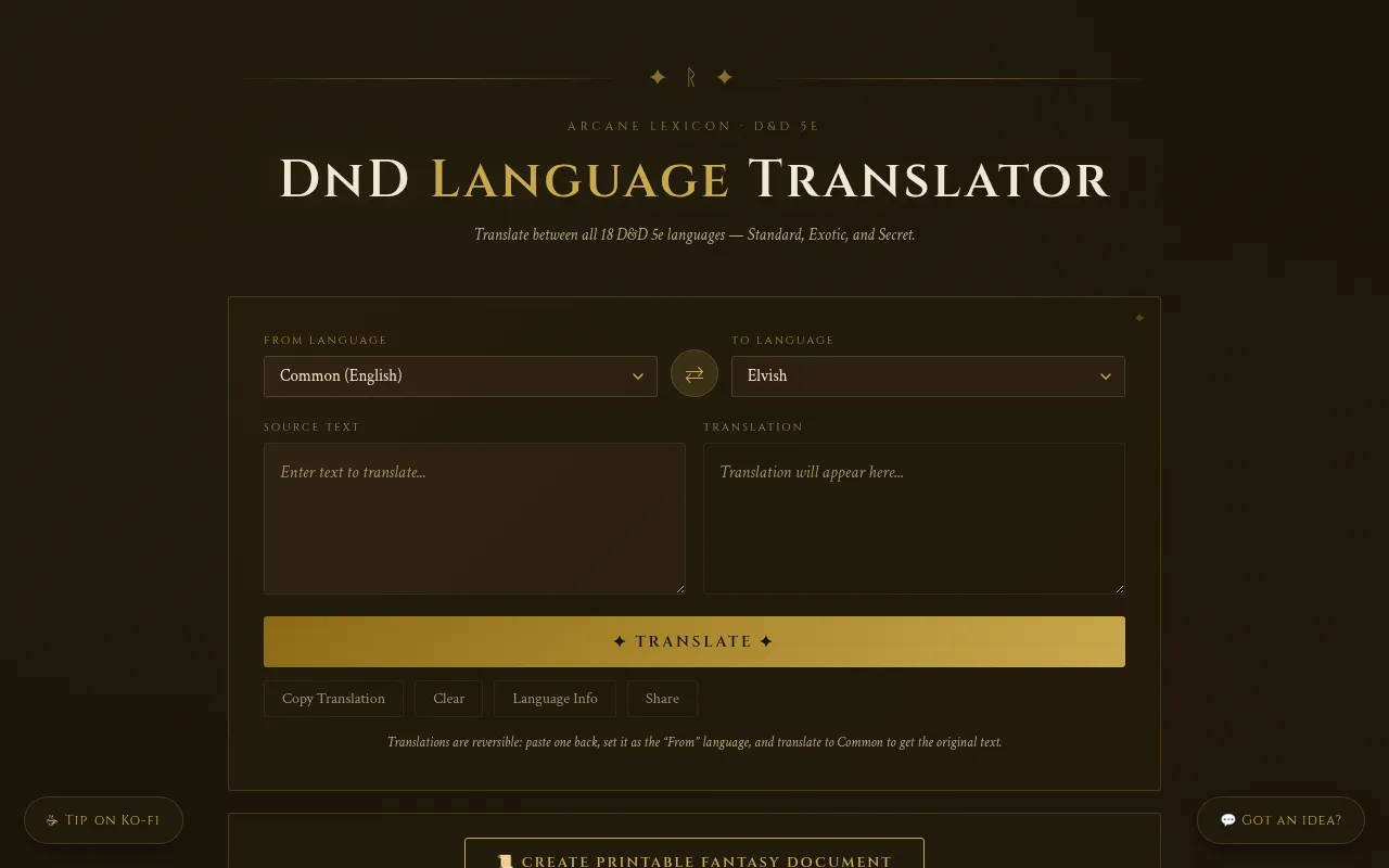 Screenshot of dndlanguagetranslator.com