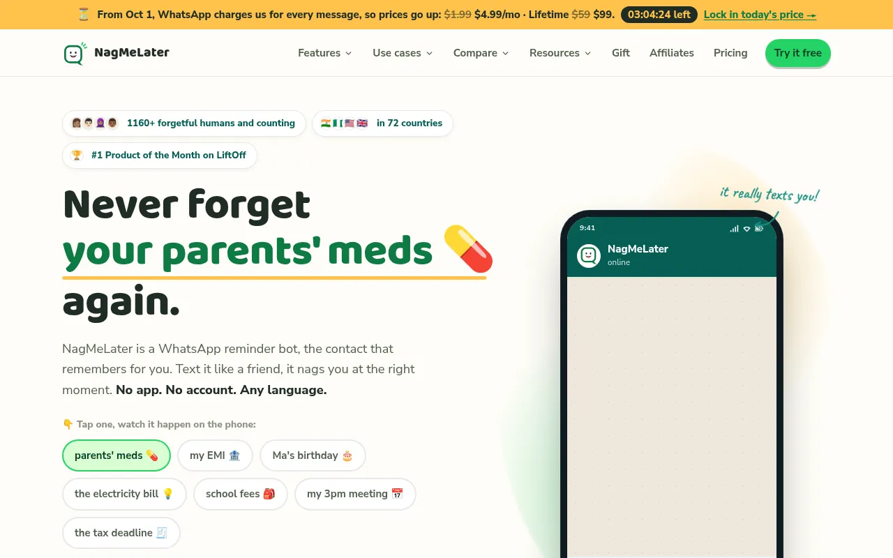 Screenshot of nagmelater.com