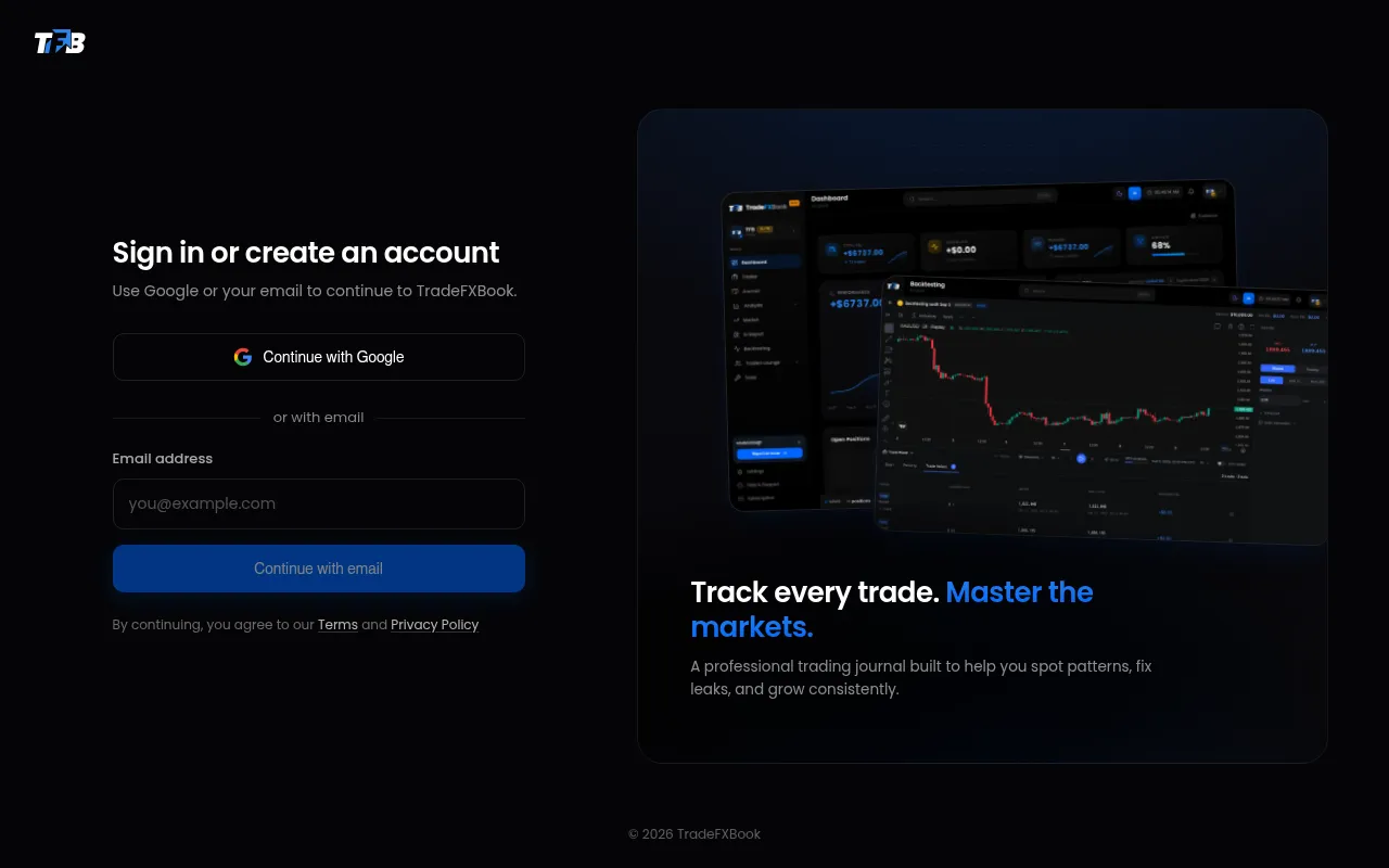 Screenshot of app.tradefxbook.com
