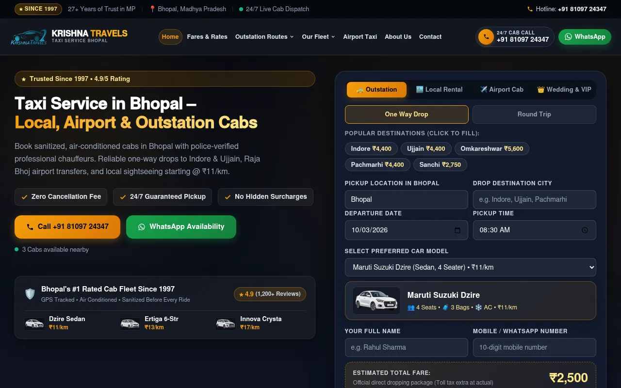 Screenshot of taxibhopal.com