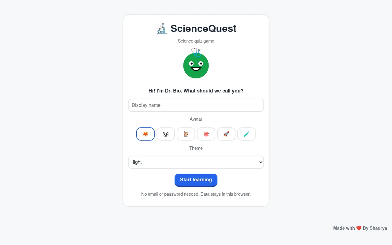 Screenshot of sciencequizandfun.netlify.app