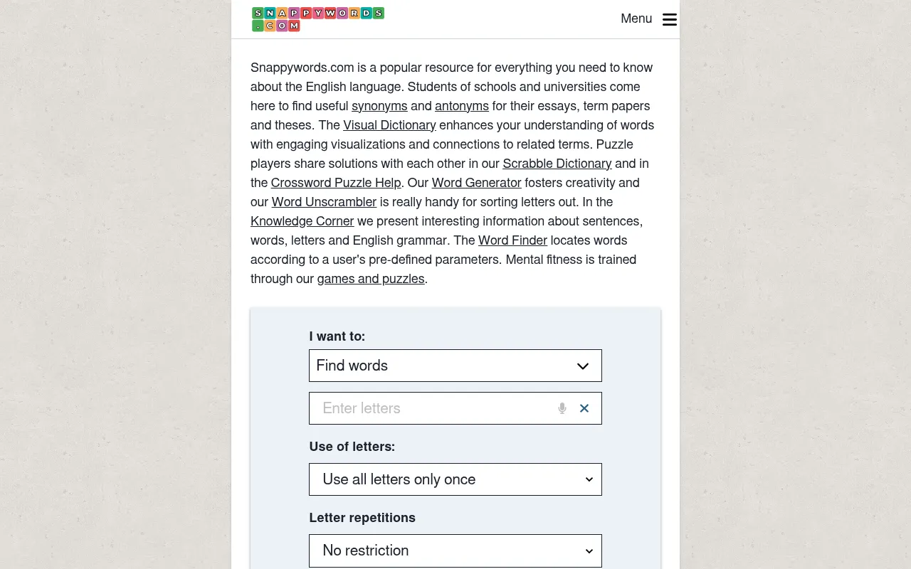 Screenshot of snappywords.com
