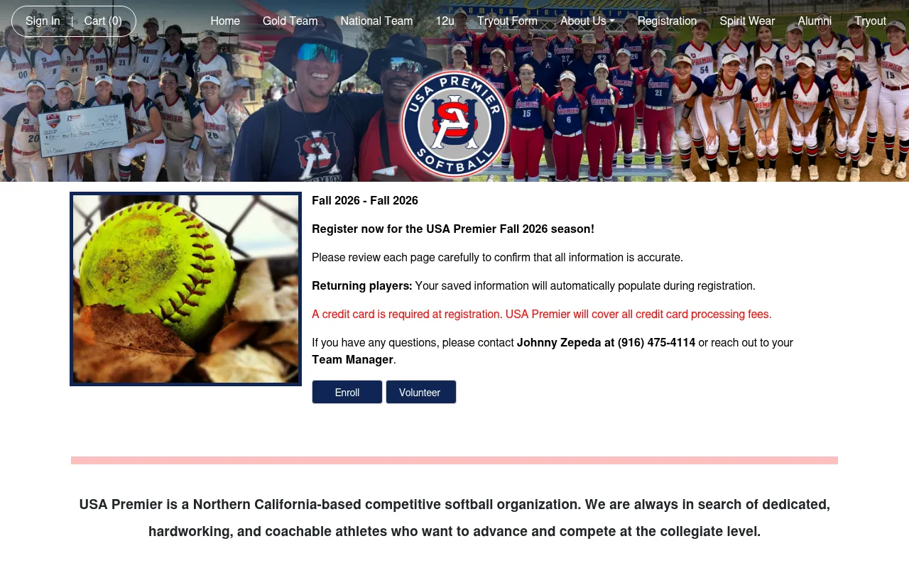 Screenshot of usapremiersoftball.org