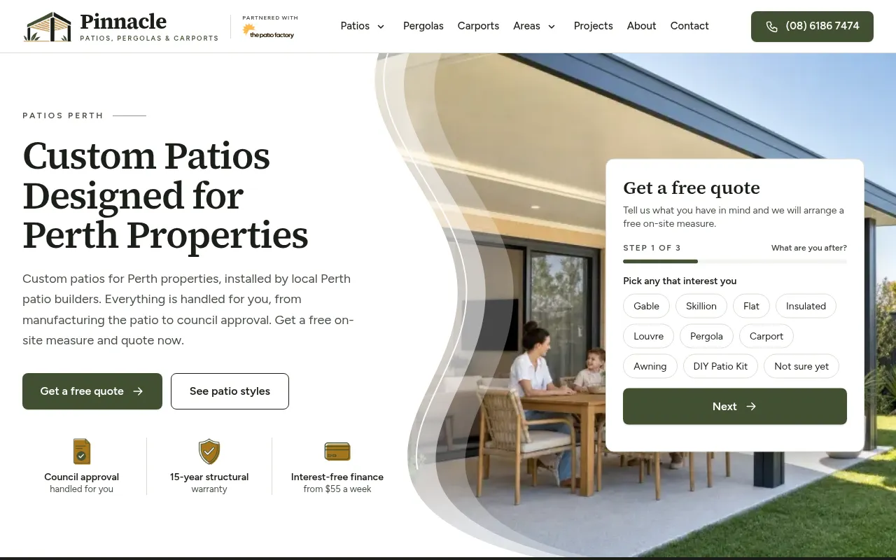 Screenshot of pinnaclepatios.com.au