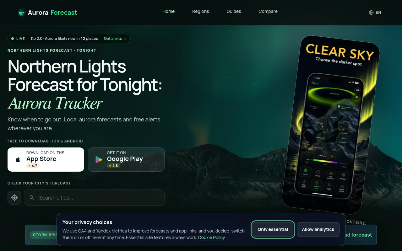 Screenshot of auroraforecast.me