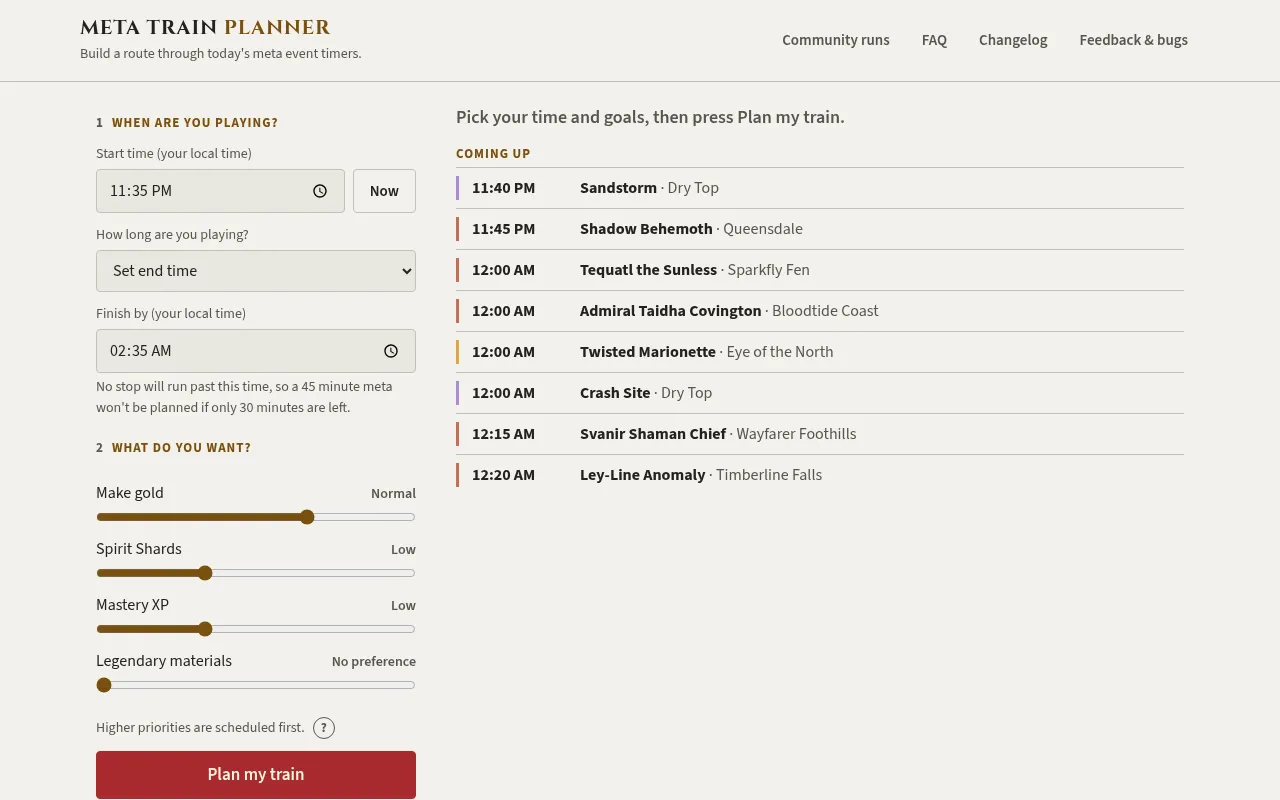 Screenshot of gw2metatrain.com