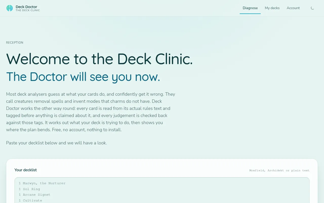 Screenshot of mtg-deck-doctor-web.echoazulai.workers.dev