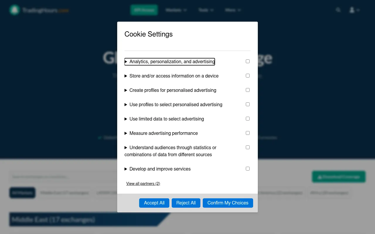 Screenshot of tradinghours.com