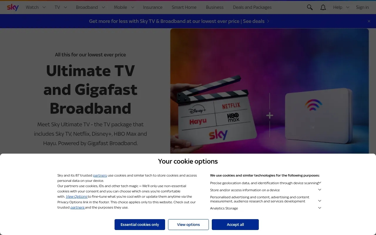 Screenshot of sky.com