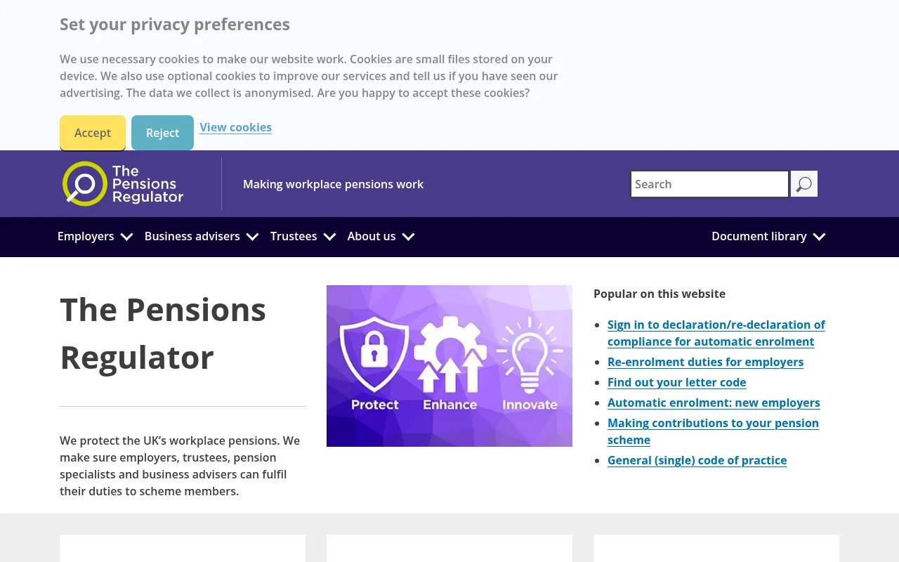 Screenshot of thepensionsregulator.gov.uk