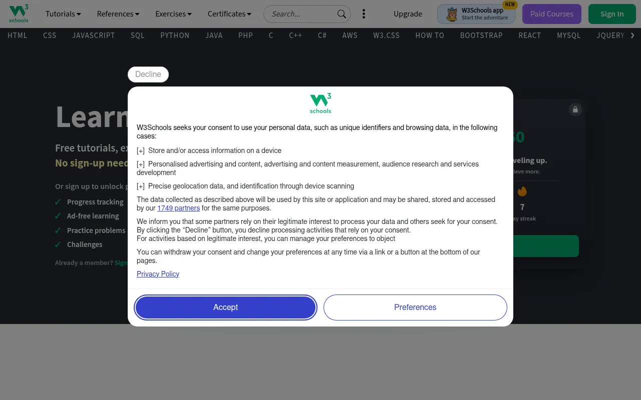 Screenshot of w3schools.com