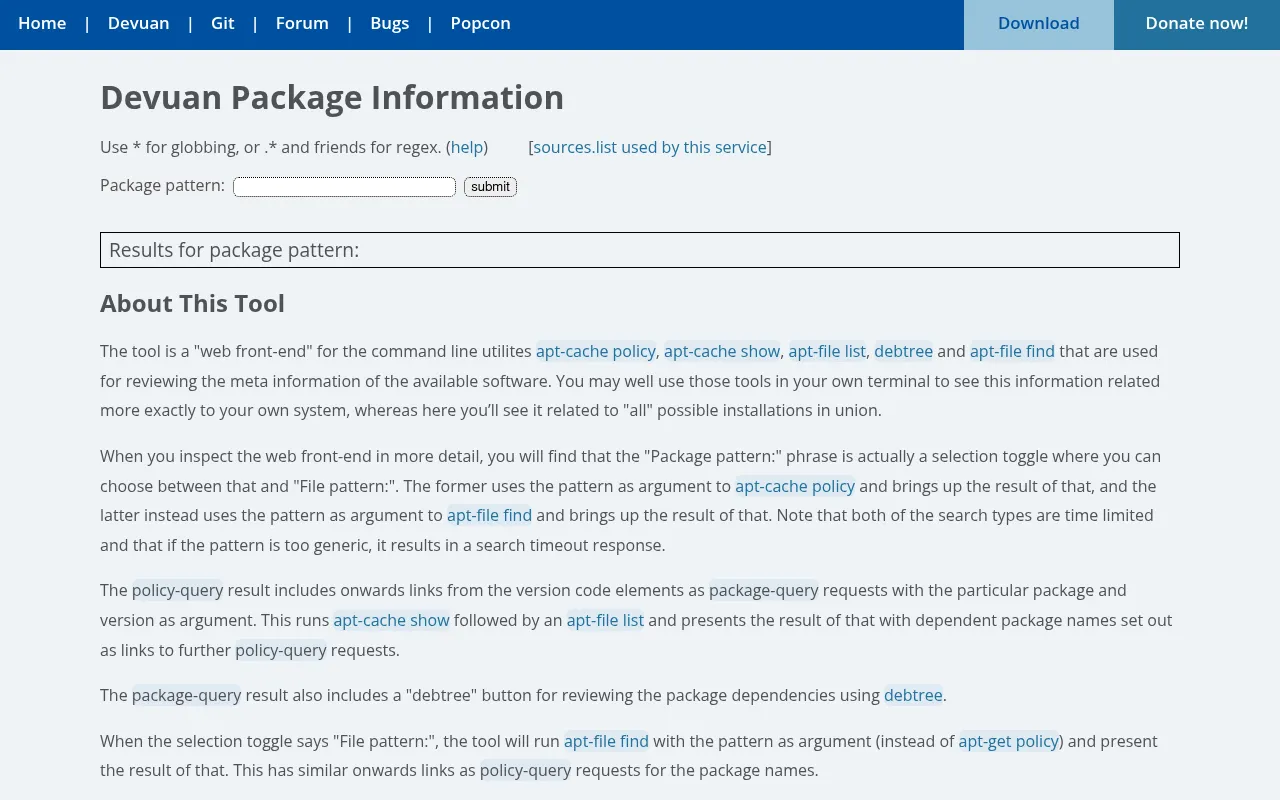Screenshot of pkginfo.devuan.org
