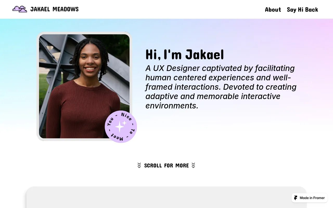 Screenshot of jakaelmeadows.framer.website