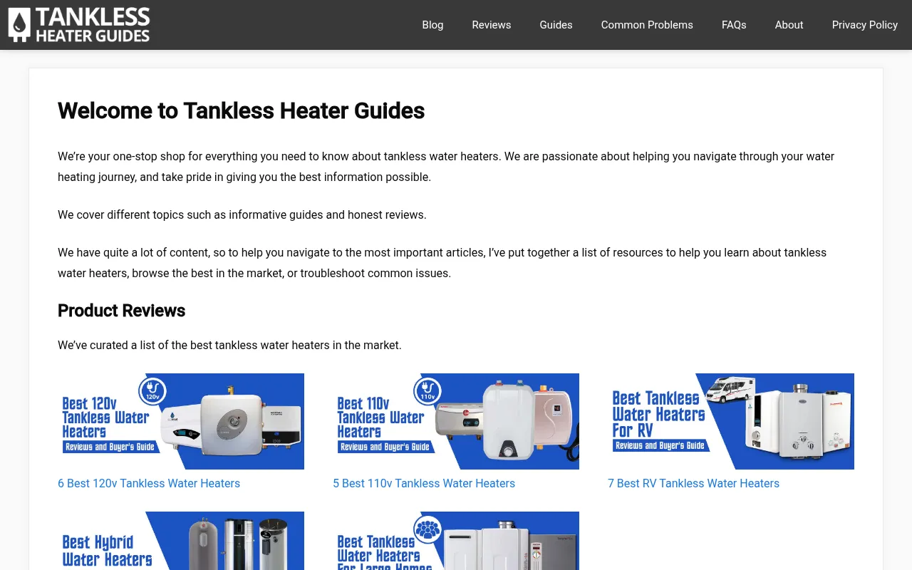 Screenshot of tanklessheaterguides.com