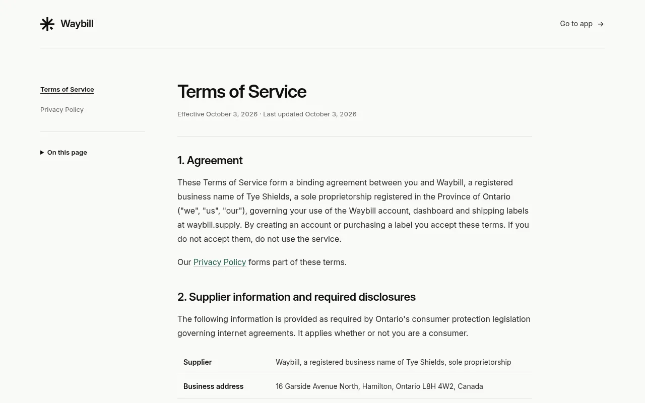 Screenshot of waybill.supply