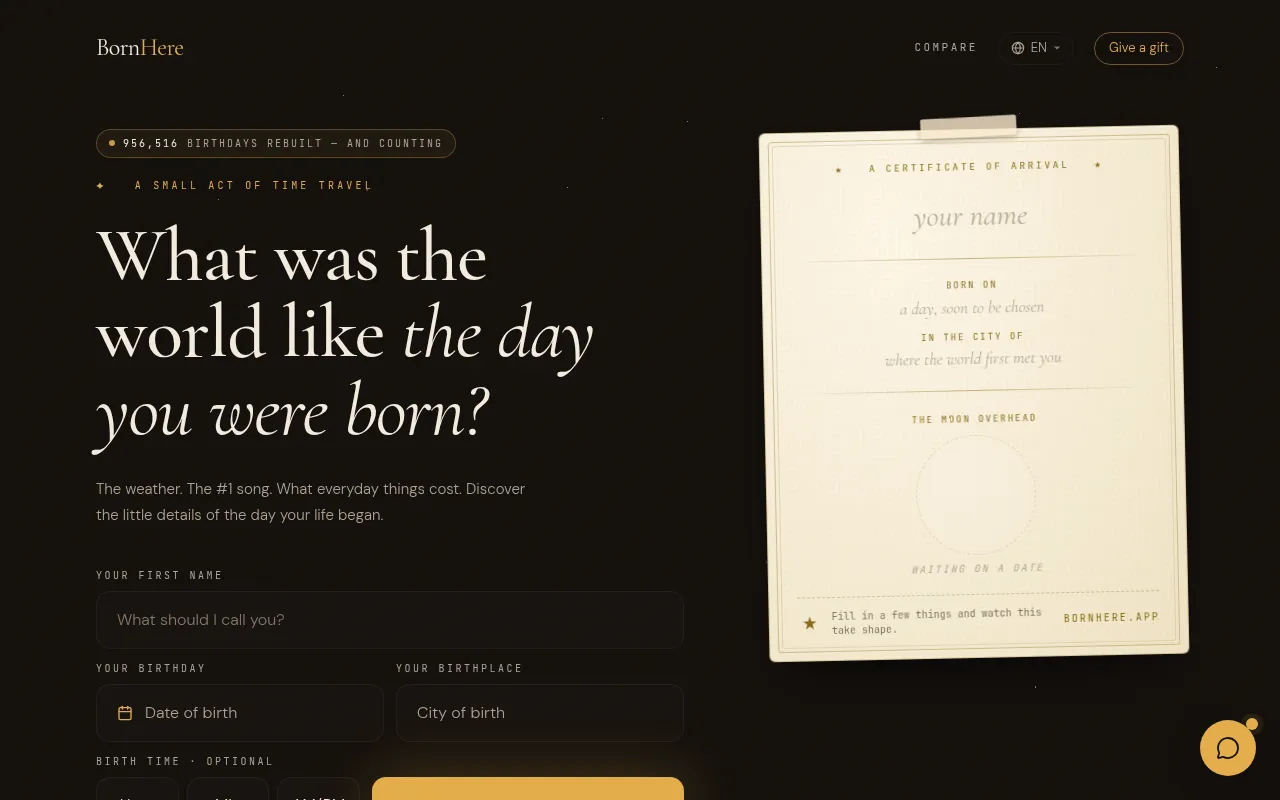 Screenshot of bornhere.app