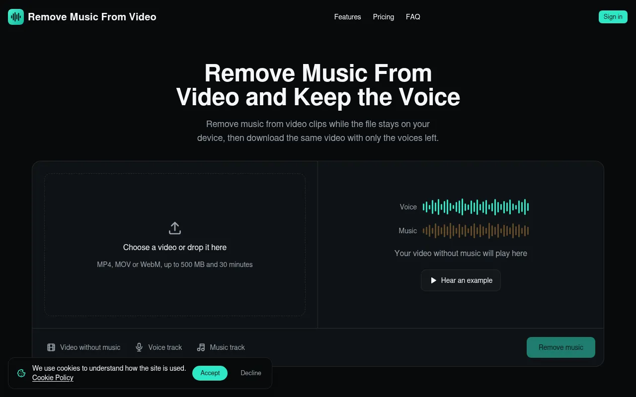 Screenshot of removemusicfromvideo.com