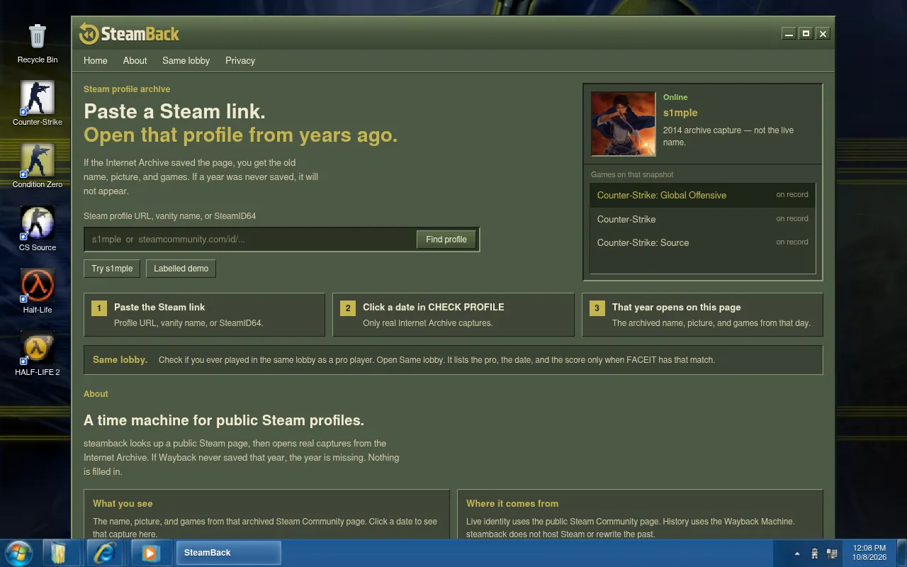 Screenshot of steamback.gg