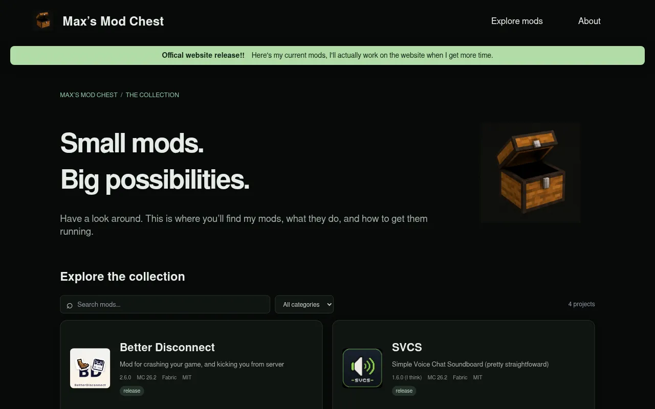 Screenshot of maxs-mod-chest.vercel.app