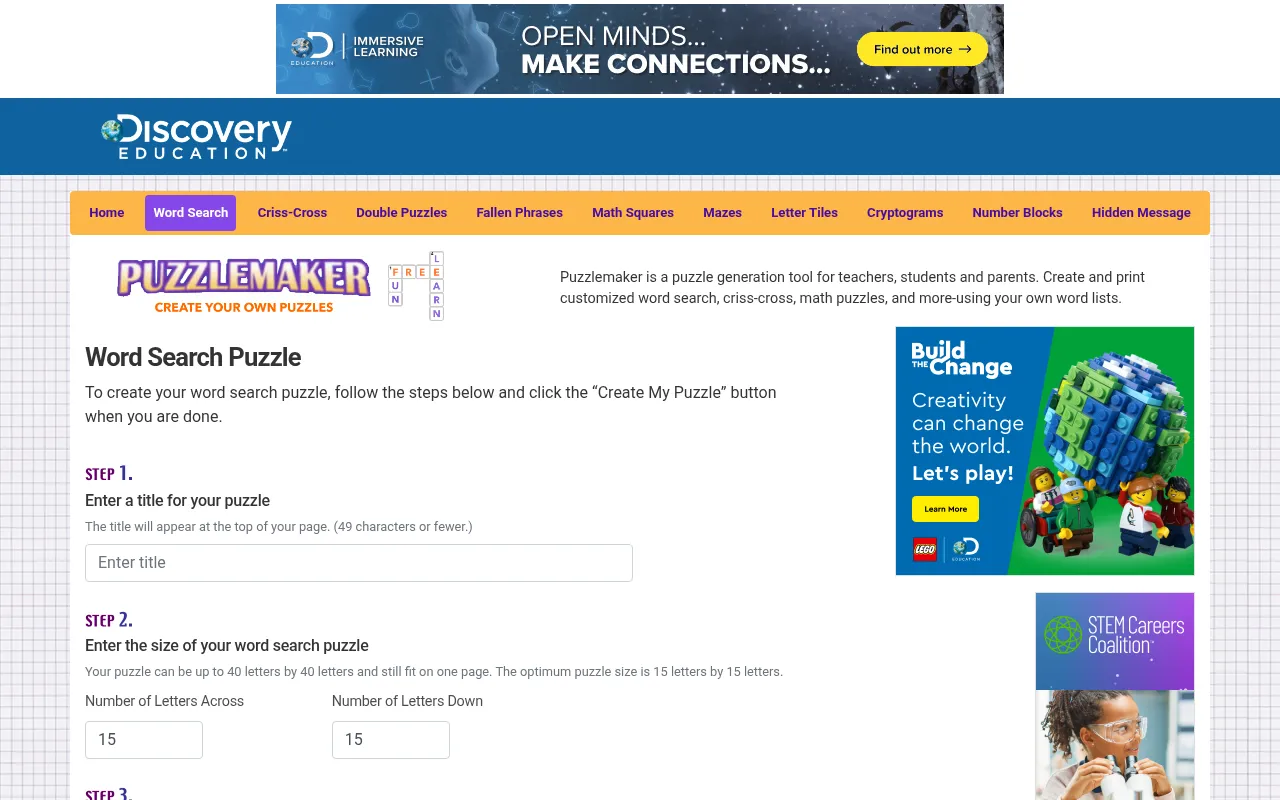 Screenshot of puzzlemaker.discoveryeducation.com
