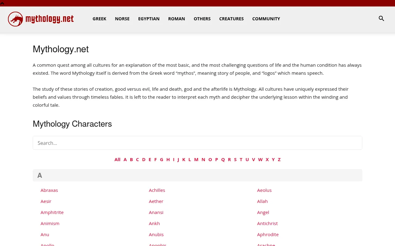 Screenshot of mythology.net